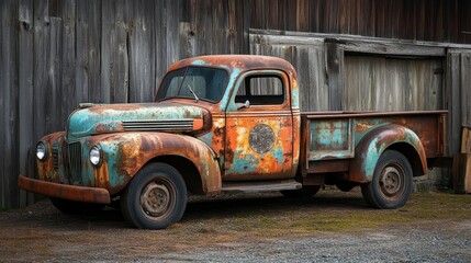 Vintage pickup truck with rusted metal, worn tires, and chipped paint, parked by a barn
