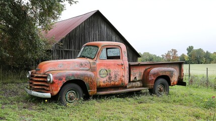 Vintage pickup truck with rusted metal, worn tires, and chipped paint, parked by a barn