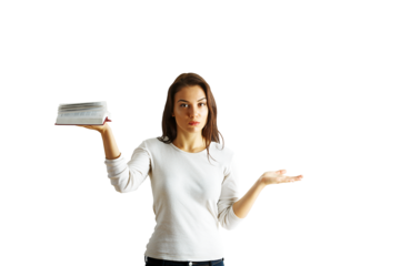 Woman holding an open book in one hand and gesturing confusion with the other, wearing casual attire, isolated on a white background, concept of decision