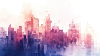 A watercolor skyline where pixelated windows and structures break through the soft washes of color for a modern urban look