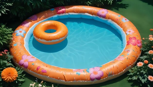 Una piscina inflable de color naranja flota en una piscina azul claro con una colorida pelota de playa flotando cerca