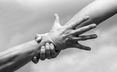 Helping hand outstretched. Rescue, helping gesture or hands. Two hands, helping arm of a friend,...