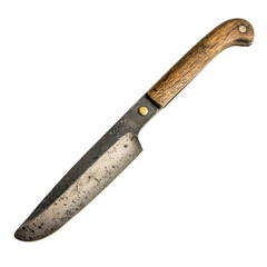 A detailed kitchen knife with a wooden handle and a slightly curved blade, showing signs of use and a rustic appearance.