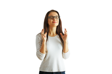 Young woman wearing glasses and casual clothes crossing fingers with closed eyes, isolated on white background, expressing hope or wish