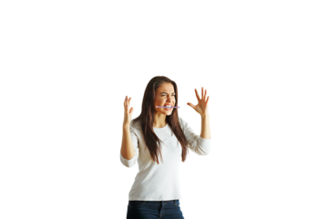 Woman showing frustration with hands raised, pen in mouth, wearing casual clothes, isolated on white background, concept of stress