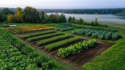 Obraz premium Aerial View of Lush Vegetable Garden with Rows of Crops and Misty Forest in the Background at Sunrise