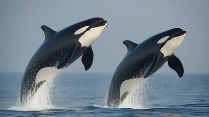 Obraz premium Orcas emerge from the tranquil waters, showcasing their strength and playful nature as they leap gracefully into the air. The scene captures the beauty of marine life at dawn.