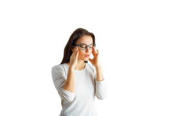 Woman with glasses in white shirt holding her temples, expressing discomfort, isolated on white background. Concept of stress or headache