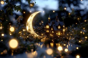 Obraz premium A crescent moon cradling a tiny village lit with soft yellow lights, suspended in a starry sky
