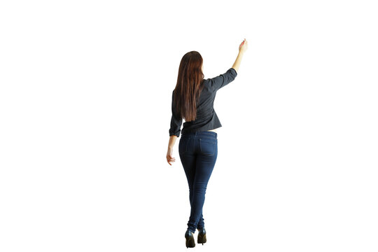 Woman standing with her back turned, wearing casual clothing, gesturing upwards. Isolated on a white background. Concept of direction or teaching