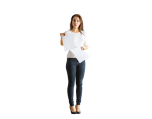 Full-length view of a woman holding papers, wearing casual attire, standing on a white background. Concept of surprise or frustration