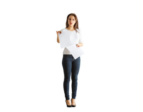 Full-length view of a woman holding papers, wearing casual attire, standing on a white background. Concept of surprise or frustration