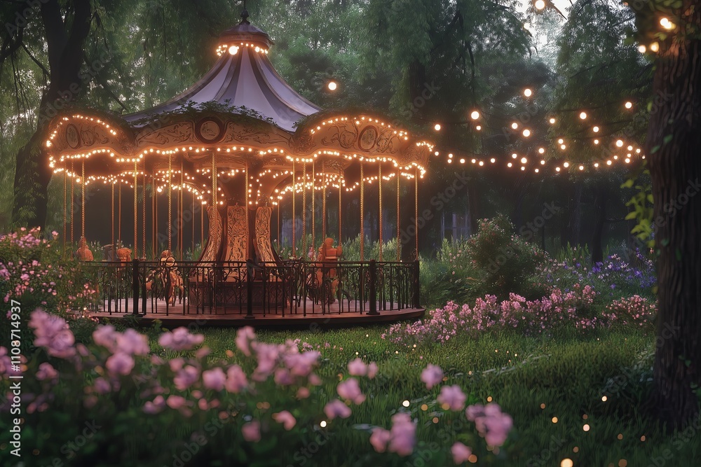 Poster A dreamy carousel in the middle of an enchanted meadow, softly illuminated by string lights