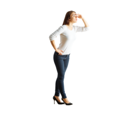 Woman in casual outfit, wearing white top and jeans, looking into the distance with hand shading her eyes, standing on white background, concept of vision