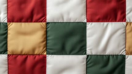Obraz premium A close-up of a colorful quilt with a patchwork design featuring red, green, white, and gold squares.