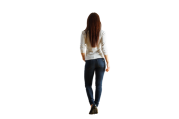 Rear view of a woman in casual attire standing, white background, isolated setup, concept of simplicity, everyday fashion style