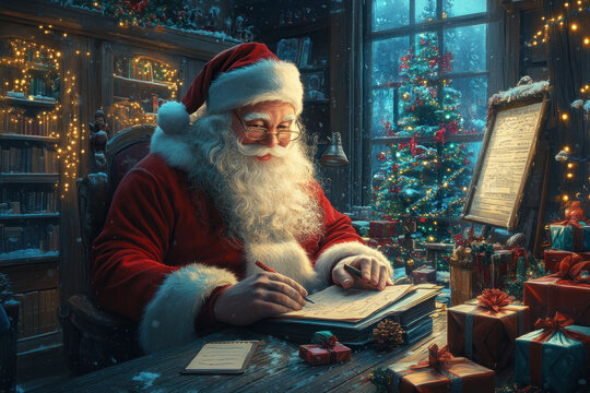 Santa Claus writing in his office, surrounded by toys and a cozy fireplace, preparing his naughty and nice lists.