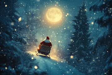 Fototapeta premium Santa Claus carrying presents, spreading cheer in a snowy village setting.