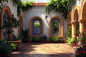 Fototapeta premium Mediterranean inspired courtyard with terracotta tiles, arched windows, and colorful mosaics. Interior design, 3D render, Home decoration