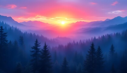 Obraz premium Majestic Sunrise Over Misty Forests: A Breathtaking Landscape of Trees and Mountains Illuminated by Golden Light