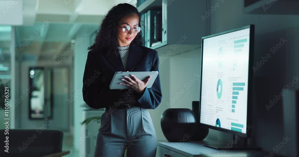 Poster graph, office and business woman on tablet for statistics, financial report and data analysis at nig