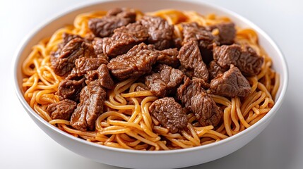 Obraz premium Delicious beef and spaghetti dish in a bowl. Perfect for food blogs, recipe websites, or restaurant menus.