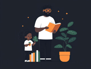 Father guiding children on how to make a scrapbook, A father and child engaged in gardening, surrounded by books and plants, showcasing nurturing and learning together.