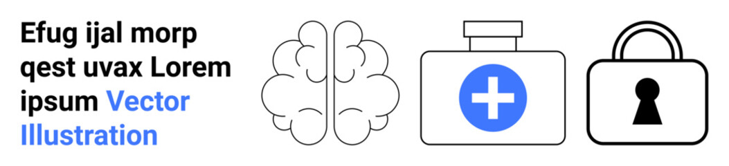 Obraz premium Brain icon, medical kit with a cross, and lock icon. Ideal for mental health, healthcare, medical security, cognitive safety, personal well-being healthcare services digital security. Landing page