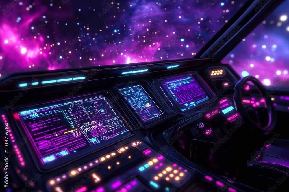 Aufkleber A futuristic spaceship cockpit with glowing controls overlooking a colorful nebula.