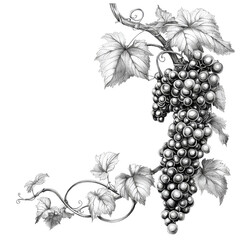 Fototapeta premium A detailed illustration of a grapevine featuring clusters of grapes and leaves in a monochrome style.