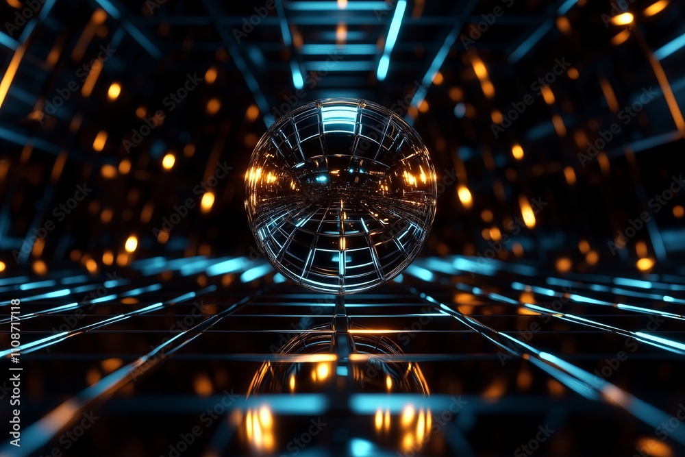 Poster A glowing geometric sphere hovering above a reflective metallic floor in an endless void.