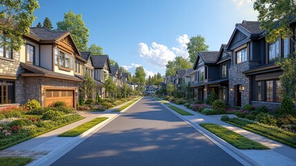Obraz premium Wide view of residential street showing architectural styles and lot sizes