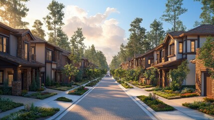 Naklejka premium Wide view of residential street showing architectural styles and lot sizes