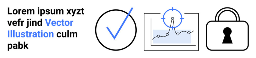 Checkmark in circle, graph with data points and target, padlock icon with keyhole. Ideal for data analytics, security solutions, verification processes, target setting, business presentations
