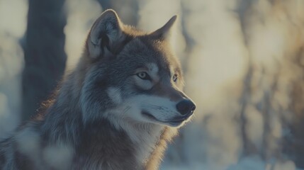 Obraz premium A white wolf stands gracefully in a tranquil snow-covered environment. Soft light filters through trees, highlighting its fur and focused gaze as winter sets in.