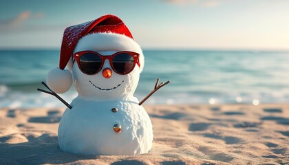 Sandy snowman in red santa hat and sunglasses smiling on sea beach symbolizing tropical summer holiday with festive coastal vibes