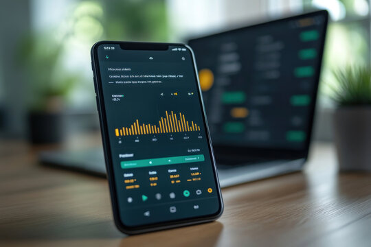 Smartphone displaying a dashboard app with speedometer and navigation icons, set against a blurred background of a car interior.