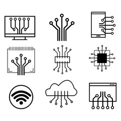 A set of vector icons illustrating advanced technology concepts. The design features a combination of elements such as a monitor with an integrated network connection, showcasing a digital interface. 