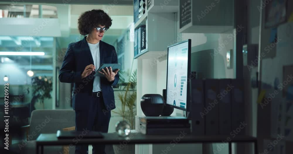 Poster graph, office and business man on tablet for statistics, financial report and data analysis at night