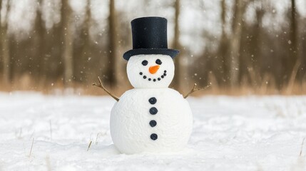 A cheerful snowman wearing a black top hat stands in a snowy landscape, surrounded by trees, embodying the joy of winter.
