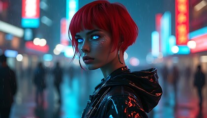Obraz premium Portrait of a futuristic woman with short red cyberpunk hair