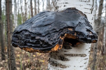 A Close-Up View of a Black Hoof Fungus Growing on a Birch Tree in a Forest Setting