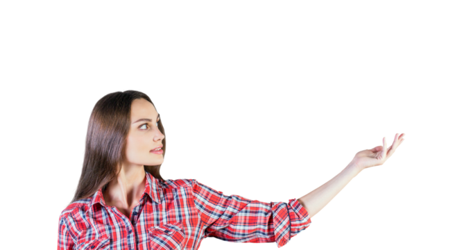 Woman in red plaid shirt extending arm and gesturing upwards, isolated on white background, concept of presenting or showing something