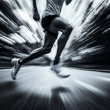 Dynamic runner with motion blur effect on a road during early morning hours