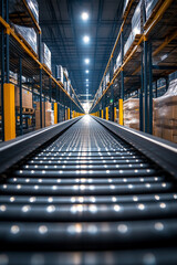 Fototapeta premium Conveyor system operates efficiently in a spacious warehouse filled with stacked goods
