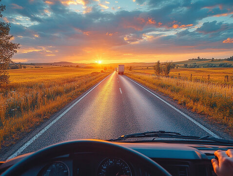 Beautiful sunset view on a long road surrounded by fields and a distant truck