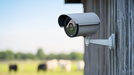 Outdoor security camera monitoring a rural landscape, ensuring safety and surveillance in a serene agricultural setting.