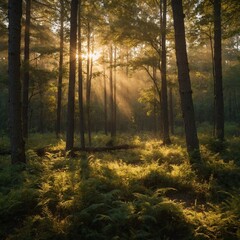 Obraz premium A peaceful forest clearing bathed in golden morning light.