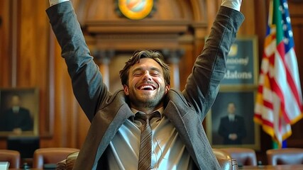 Celebrating success in a formal setting with joyful expressions and a strong sense of achievement