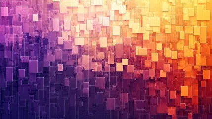 Fototapeta premium Abstract pixel blocks scattered in a grid pattern, with varying sizes and gradient transitions from orange to purple